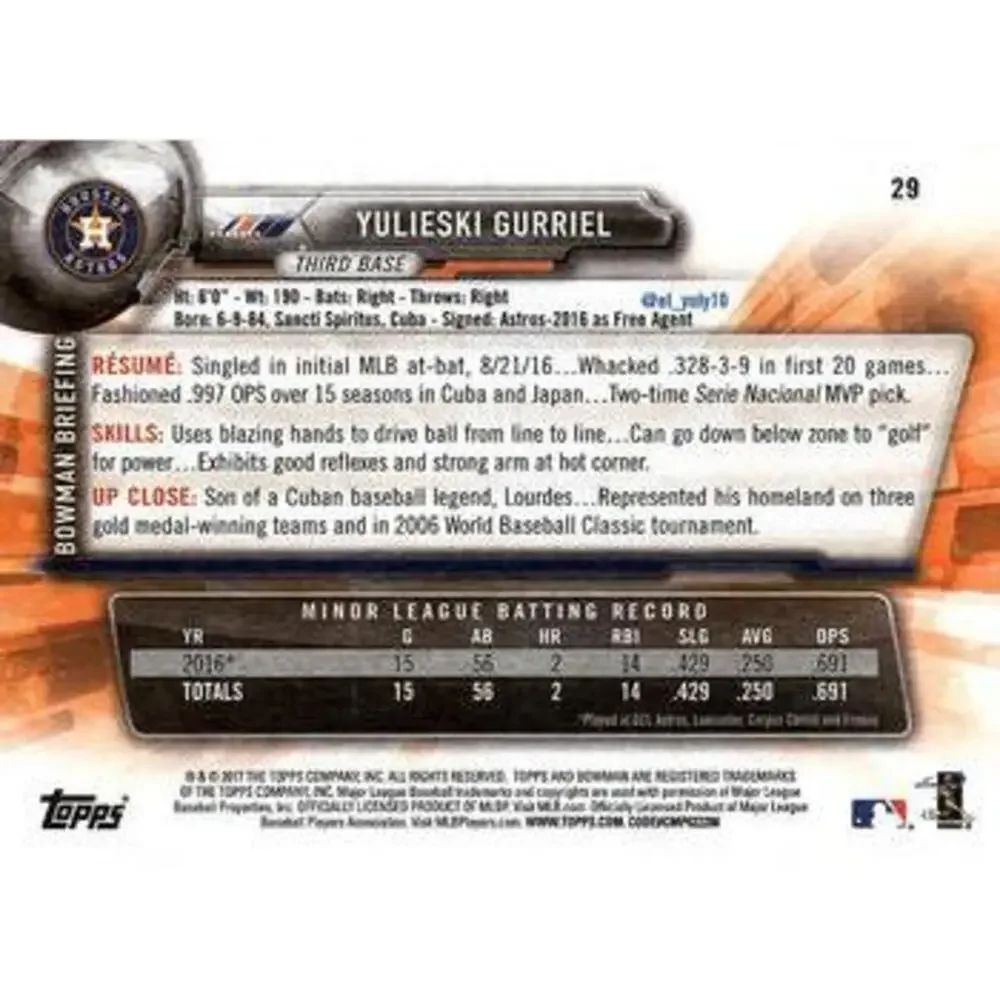 2017 Bowman Yulieski GurrielÂ  RC # 29 Houston Astros